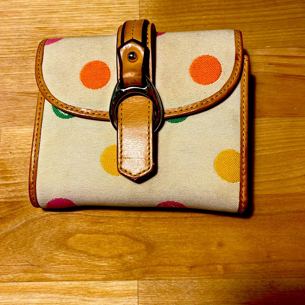 Dooney & Bourke, colorful, polkadotted, cream, colored wallet.